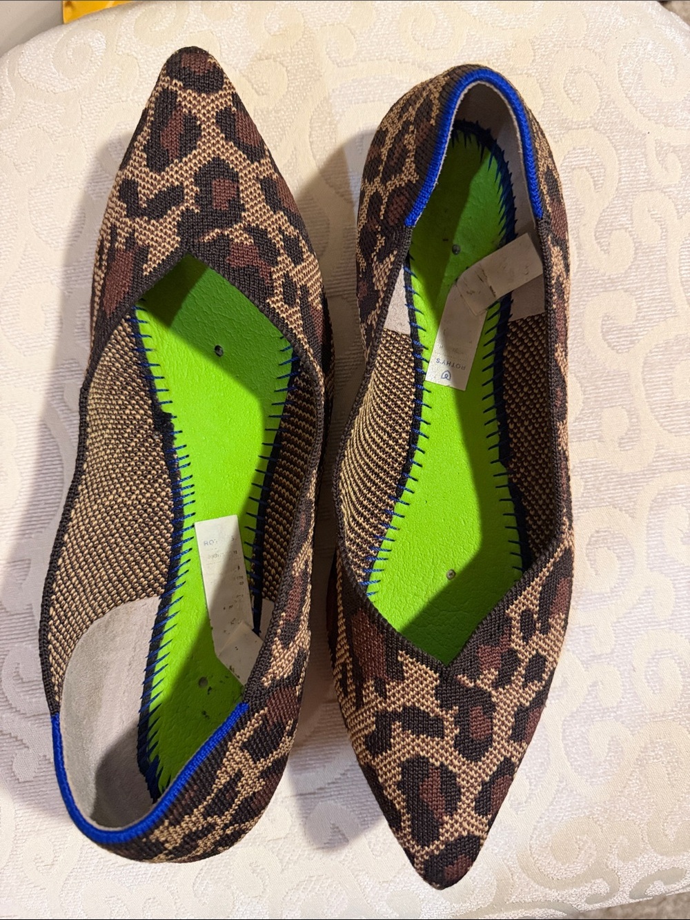 Rothy's Leopard-Print Pointed-Toe Flats with Neon Green Insole